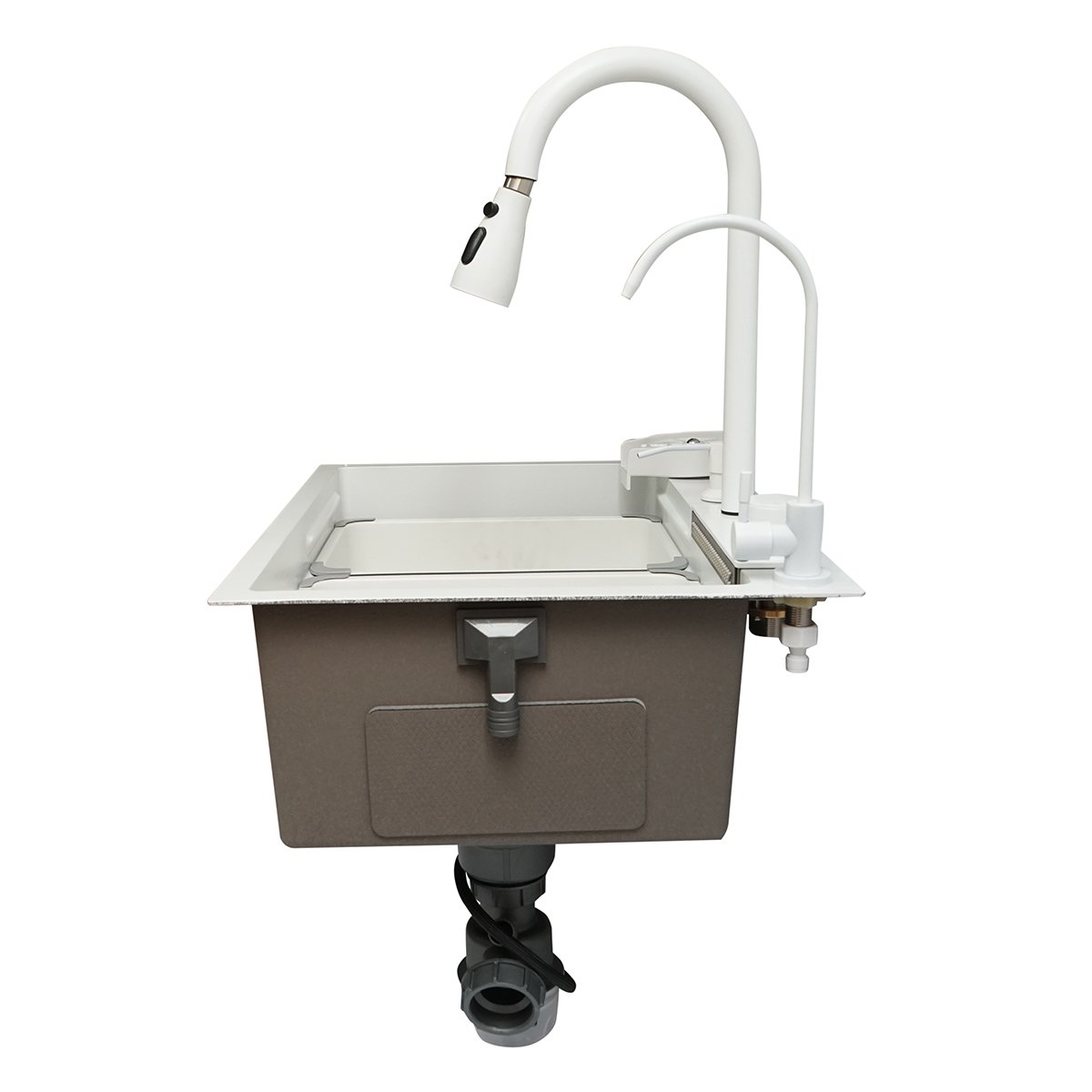 Chiuveta bucatarie otel inoxidabil cu doua baterii, functie cascada, spalator pahare, dozator sapun, scurgator, tava, tocator si accesorii scurgere incluse, dimensiune 60x45x22cm
